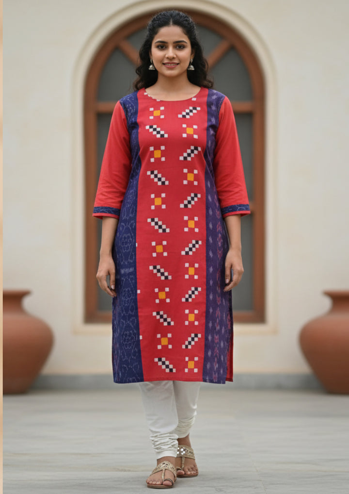 Sambalpuri Women's Kurti - Hand-woven Cotton Straight Kurti in Red & Blue