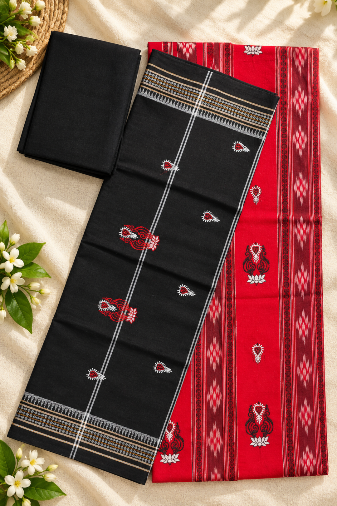 Women's Red & Black Sambalpuri Unstitched Suit Material with Dupatta