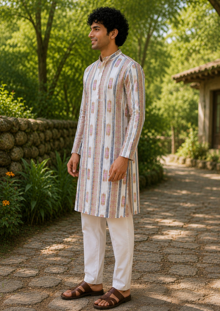 Sambalpuri Men’s Long Kurta – White with Beige & Pink with Blue Accents