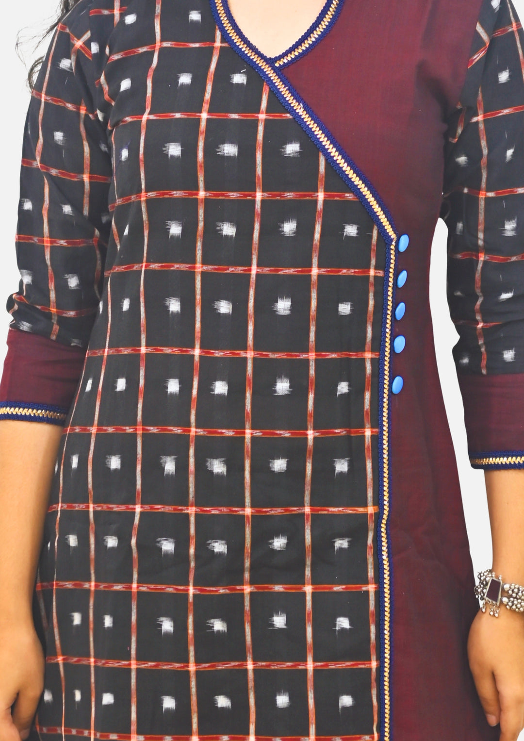Wovio Modern Ikat Dress - Sambalpuri Checkered Overlap Design, Maroon Base with Black & Blue Highlights