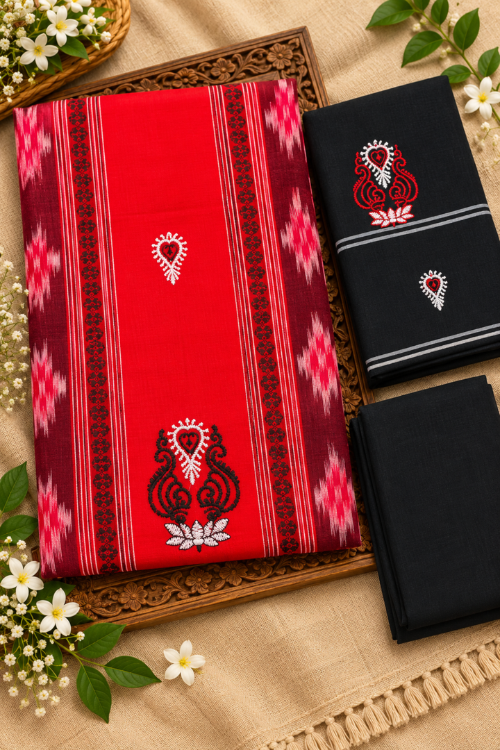 Women's Red & Black Sambalpuri Unstitched Suit Material with Dupatta