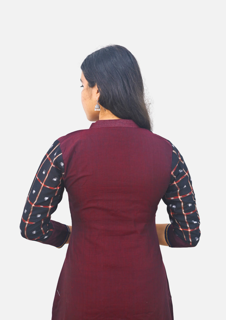 Wovio Modern Ikat Dress - Sambalpuri Checkered Overlap Design, Maroon Base with Black & Blue Highlights