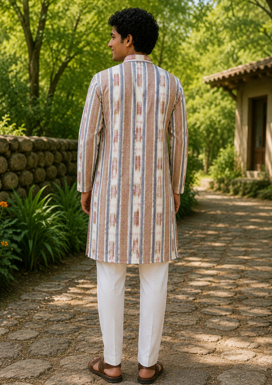 Sambalpuri Men’s Long Kurta – White with Beige & Pink with Blue Accents