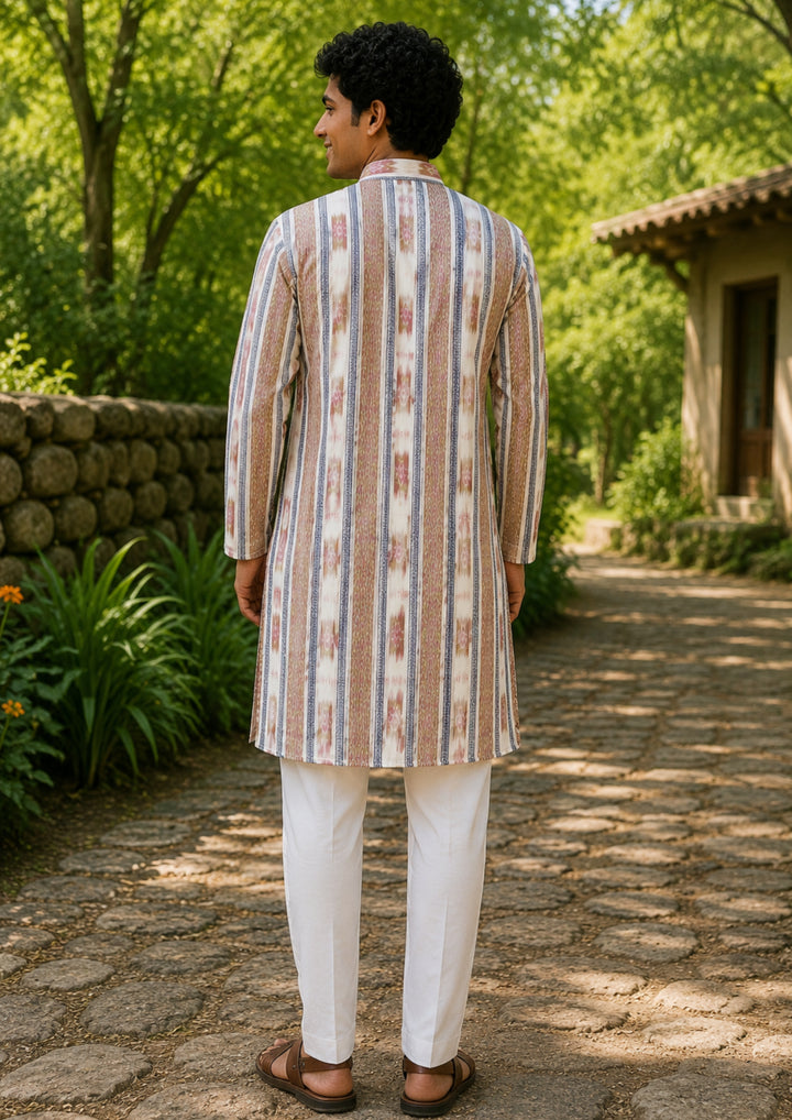 Sambalpuri Men’s Long Kurta – White with Beige & Pink with Blue Accents