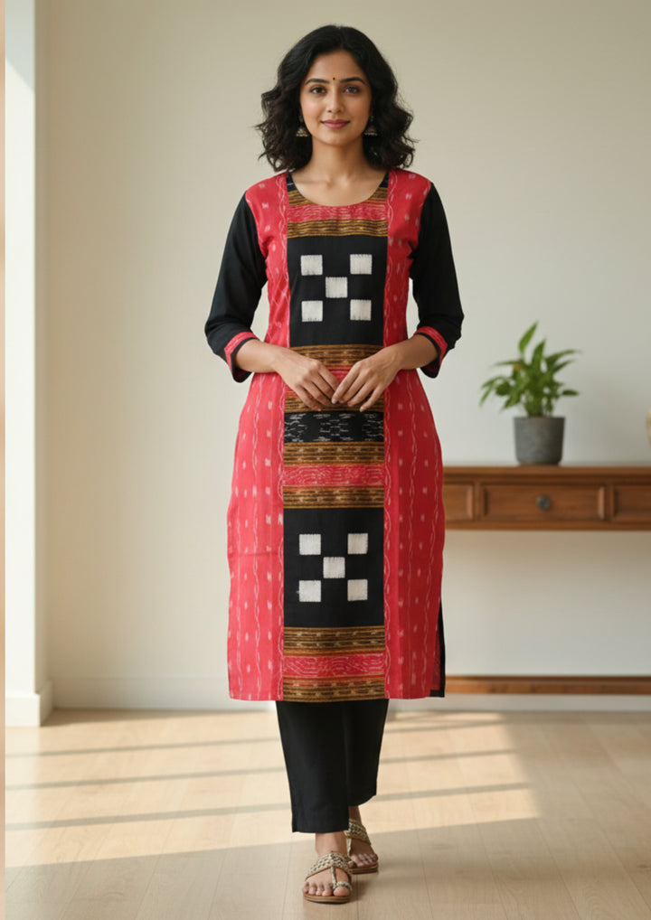 Sambalpuri Women's Kurti - Hand-woven Red Bichitrapuri Design