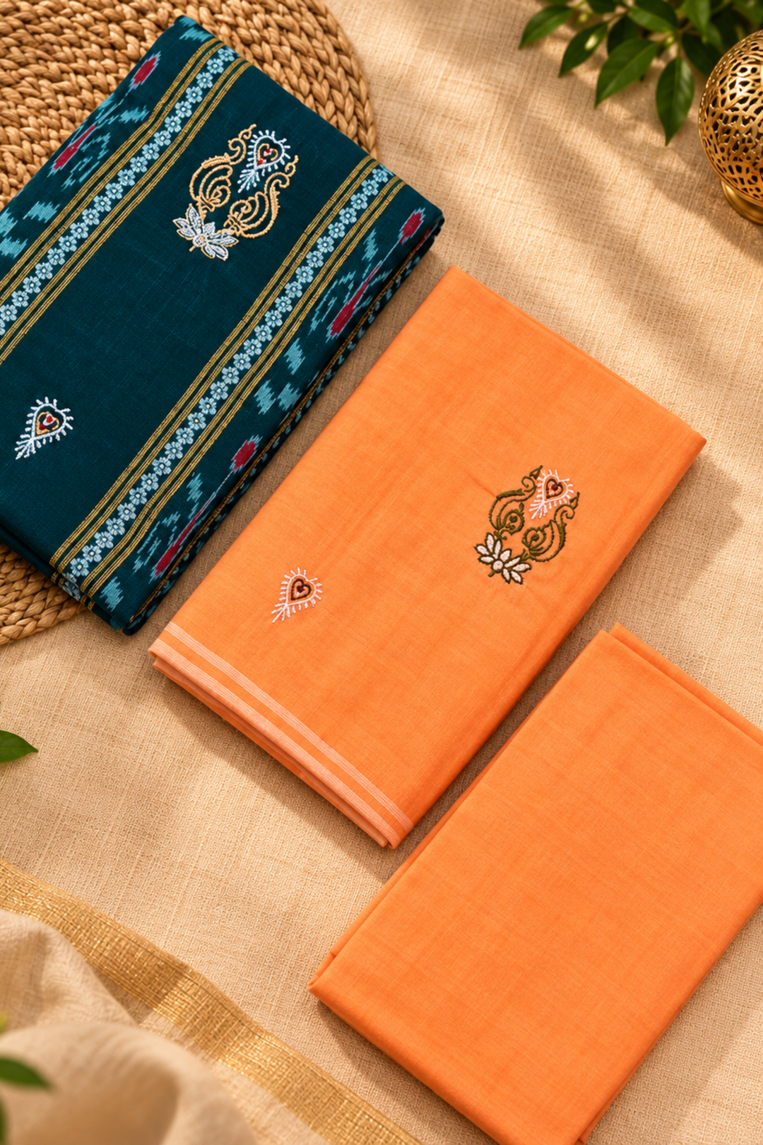 Women's Peach Orange & Teal Green Sambalpuri Unstitched Suit Material with Dupatta