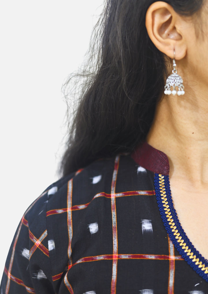 Wovio Modern Ikat Dress - Sambalpuri Checkered Overlap Design, Maroon Base with Black & Blue Highlights