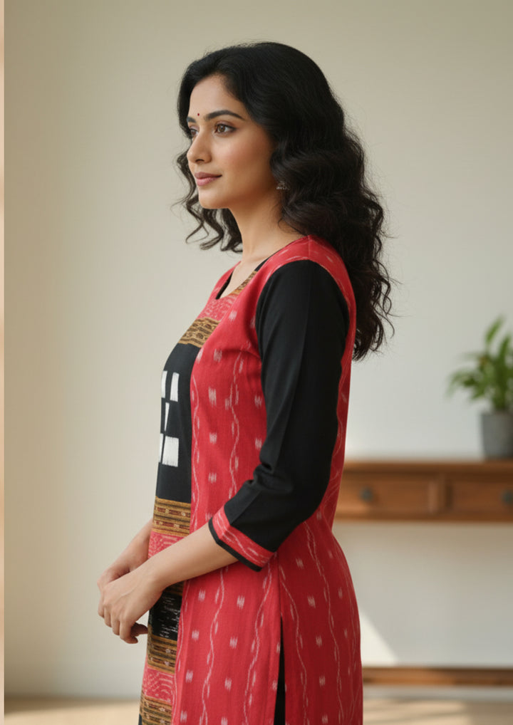 Sambalpuri Women's Kurti - Hand-woven Red Bichitrapuri Design