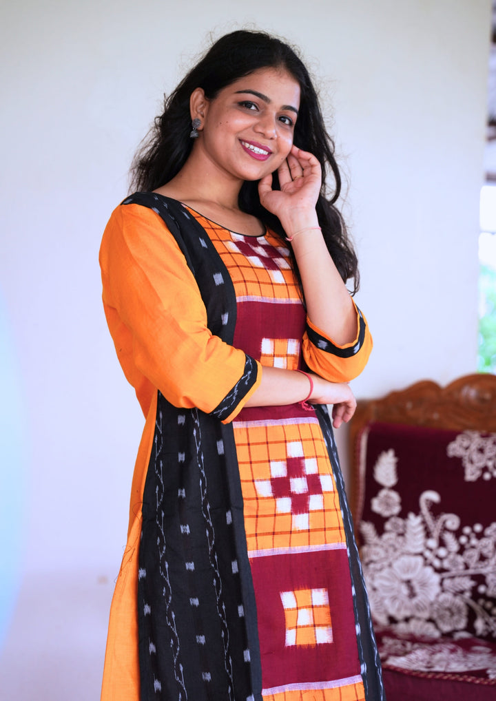 Sambalpuri Women's Kurti - Hand-woven Sapta Design Women Kurta in Yellow