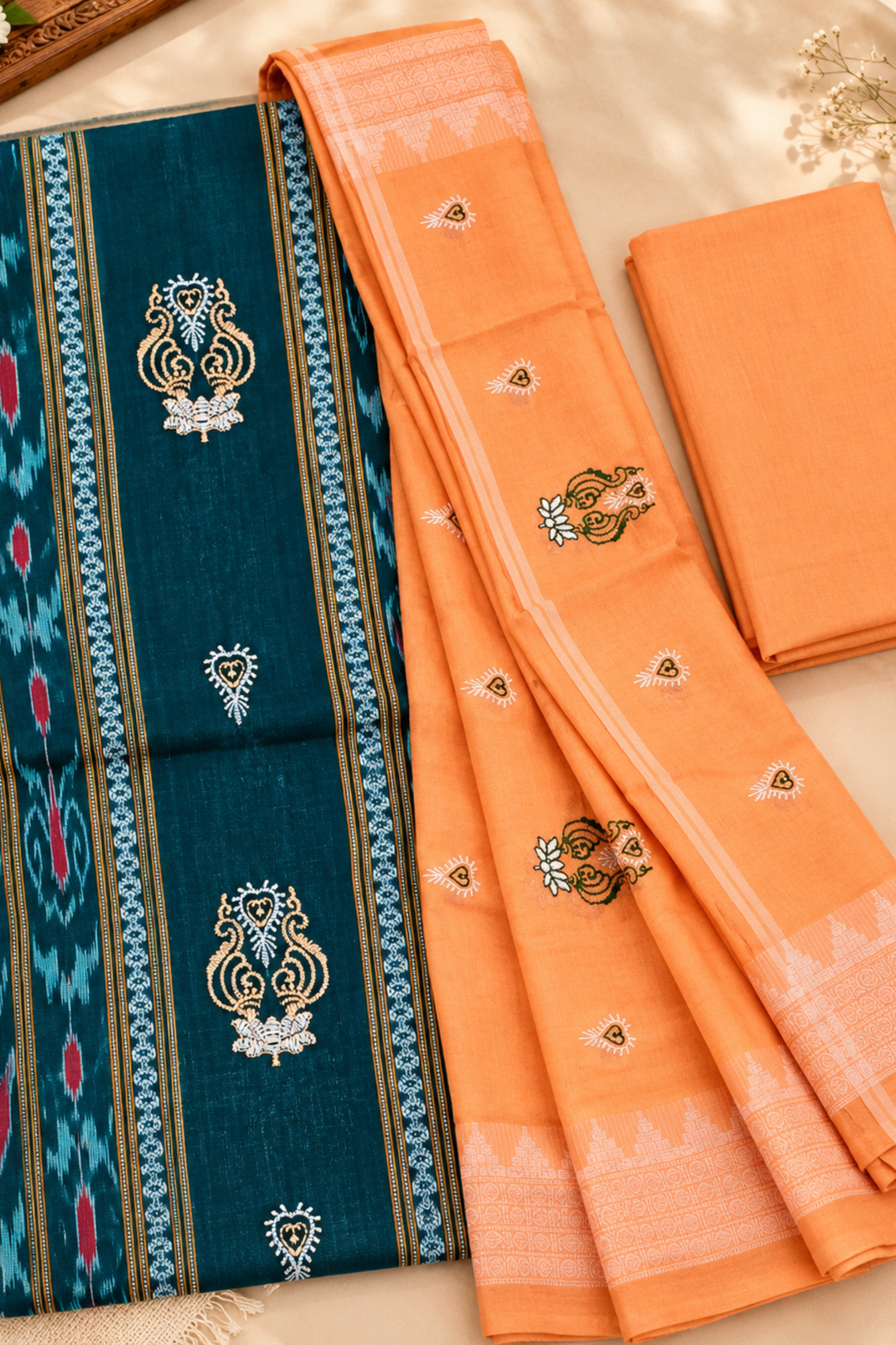 Women's Peach Orange & Teal Green Sambalpuri Unstitched Suit Material with Dupatta