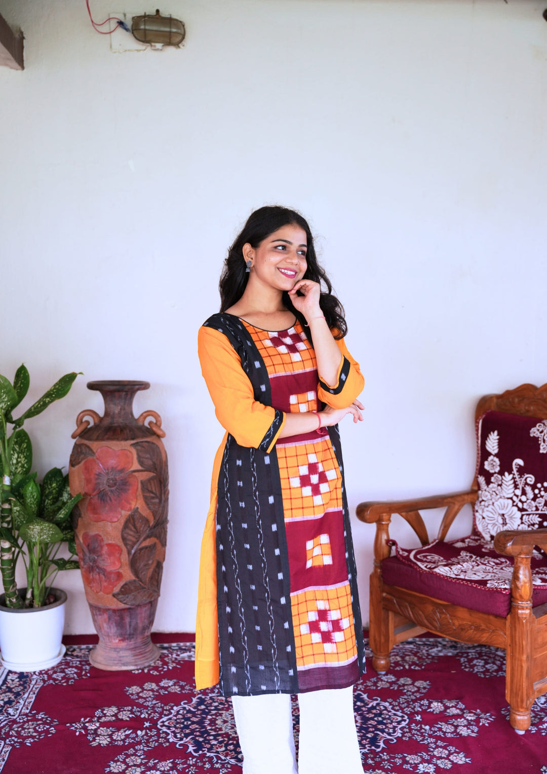 Sambalpuri Women's Kurti - Hand-woven Sapta Design Women Kurta in Yellow