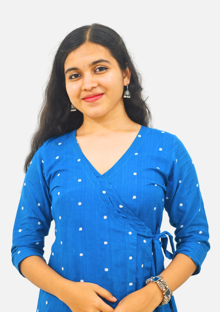 Wovio Modern Ikat Wrap Top - Sky Blue Base with White Dot Motifs & Side-Tie Design