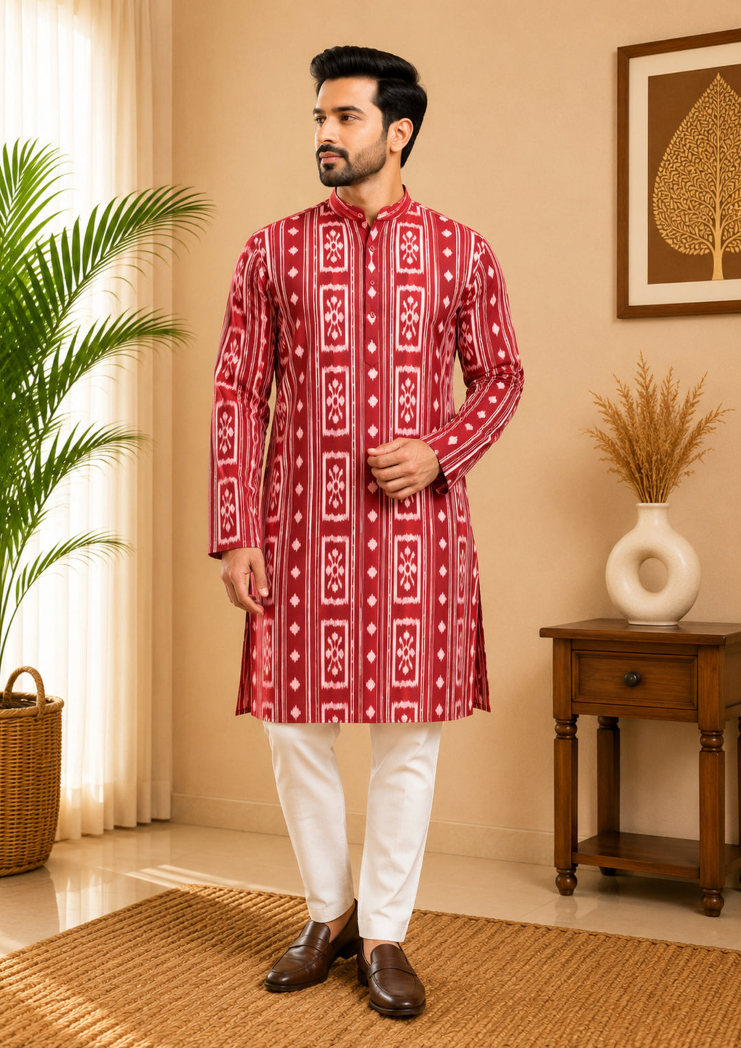 Sambalpuri Men's Long Kurta - Crimson Royale Kurta