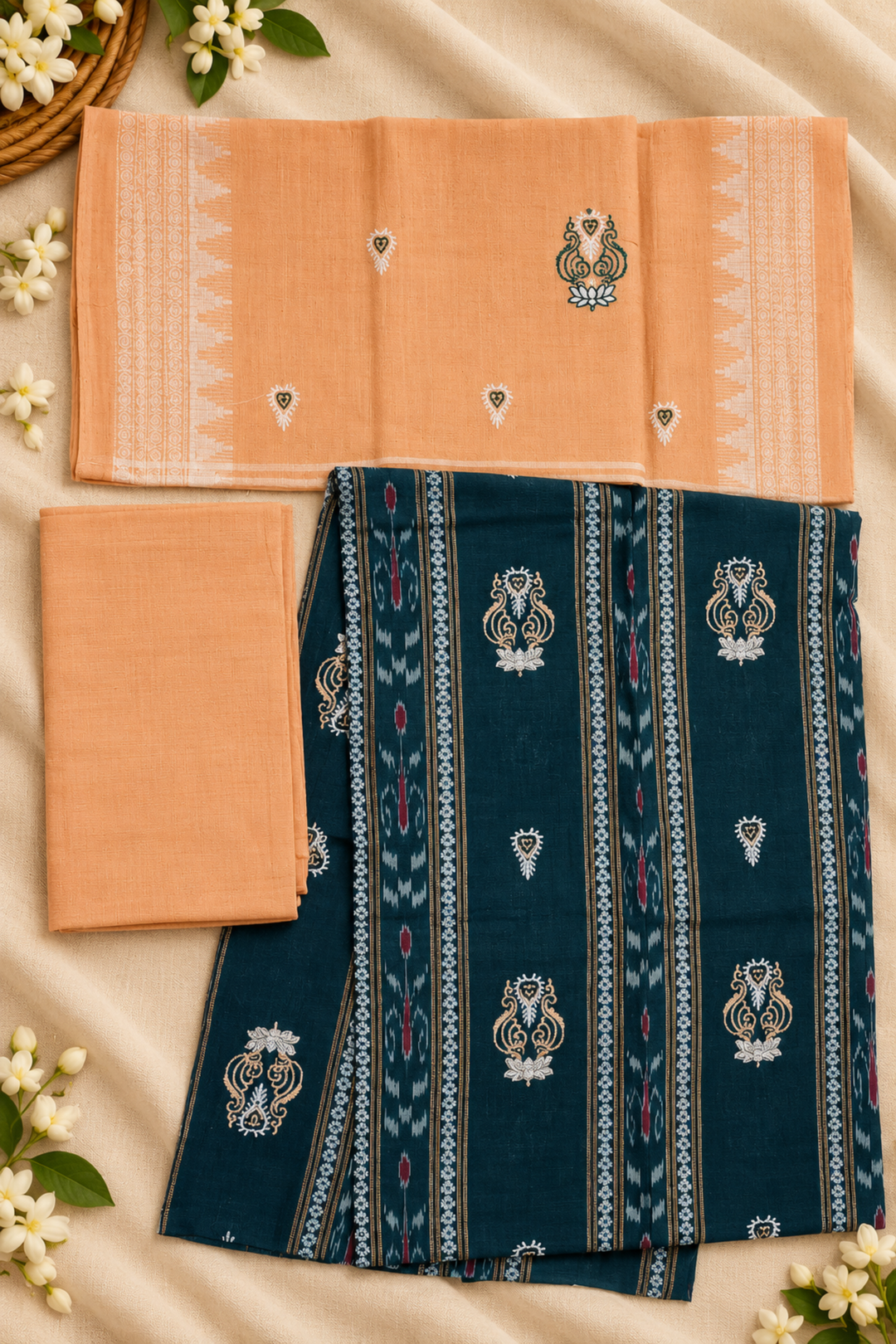 Women's Peach Orange & Teal Green Sambalpuri Unstitched Suit Material with Dupatta