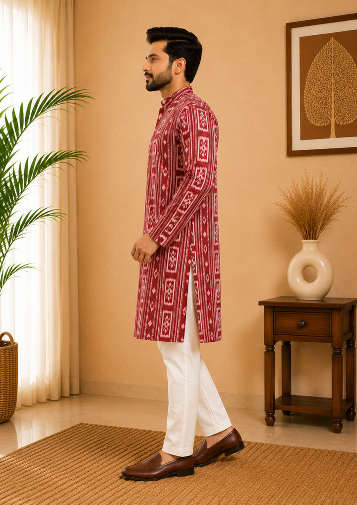 Sambalpuri Men's Long Kurta - Crimson Royale Kurta