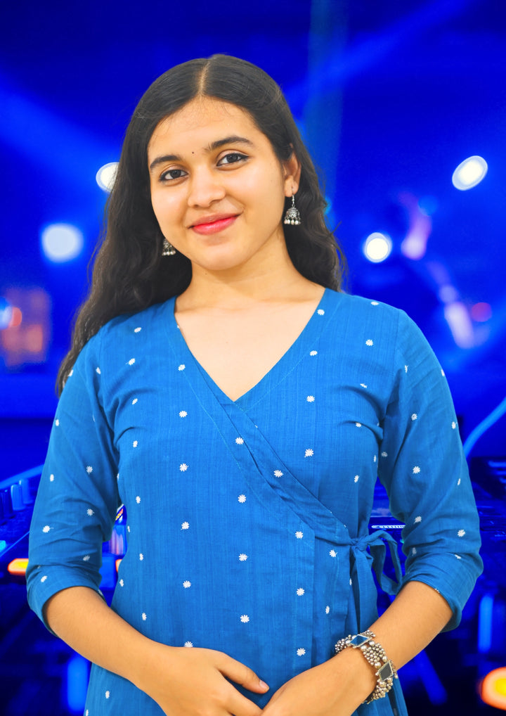 Wovio Modern Ikat Wrap Top - Sky Blue Base with White Dot Motifs & Side-Tie Design