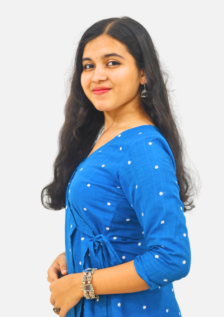 Wovio Modern Ikat Wrap Top - Sky Blue Base with White Dot Motifs & Side-Tie Design