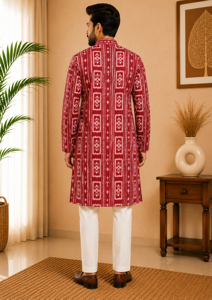 Sambalpuri Men's Long Kurta - Crimson Royale Kurta