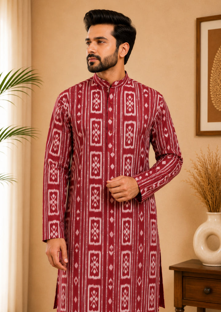 Sambalpuri Men's Long Kurta - Crimson Royale Kurta