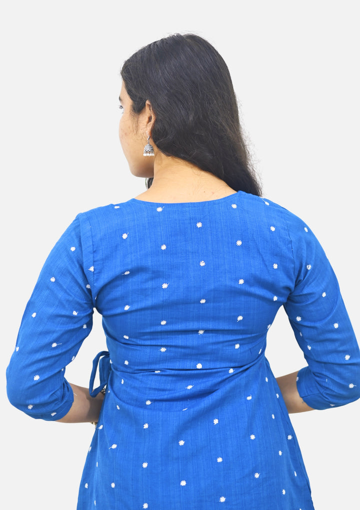 Wovio Modern Ikat Wrap Top - Sky Blue Base with White Dot Motifs & Side-Tie Design