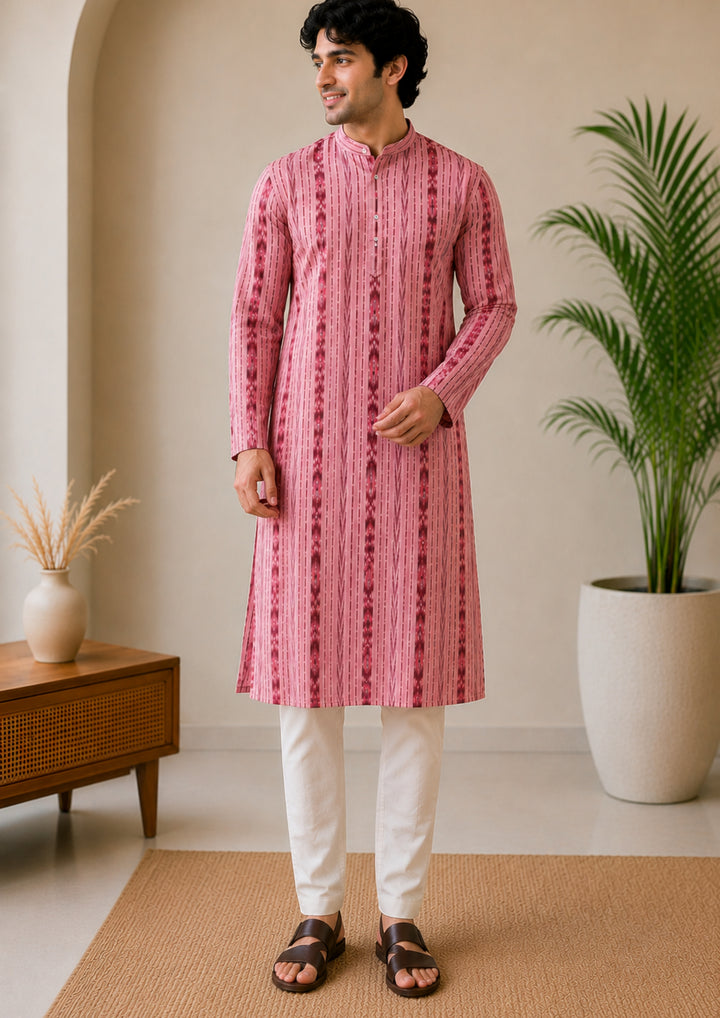 Sambalpuri Men's Long Kurta - Pink with Maroon Ikat Vertical Stripe Motif