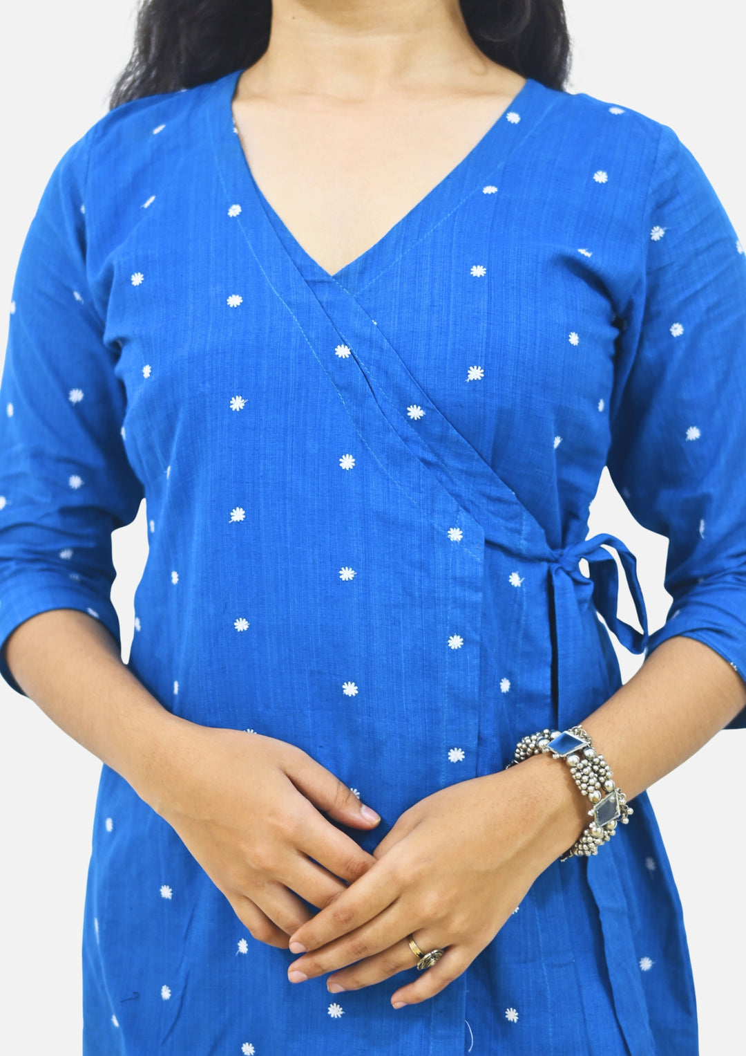 Wovio Modern Ikat Wrap Top - Sky Blue Base with White Dot Motifs & Side-Tie Design