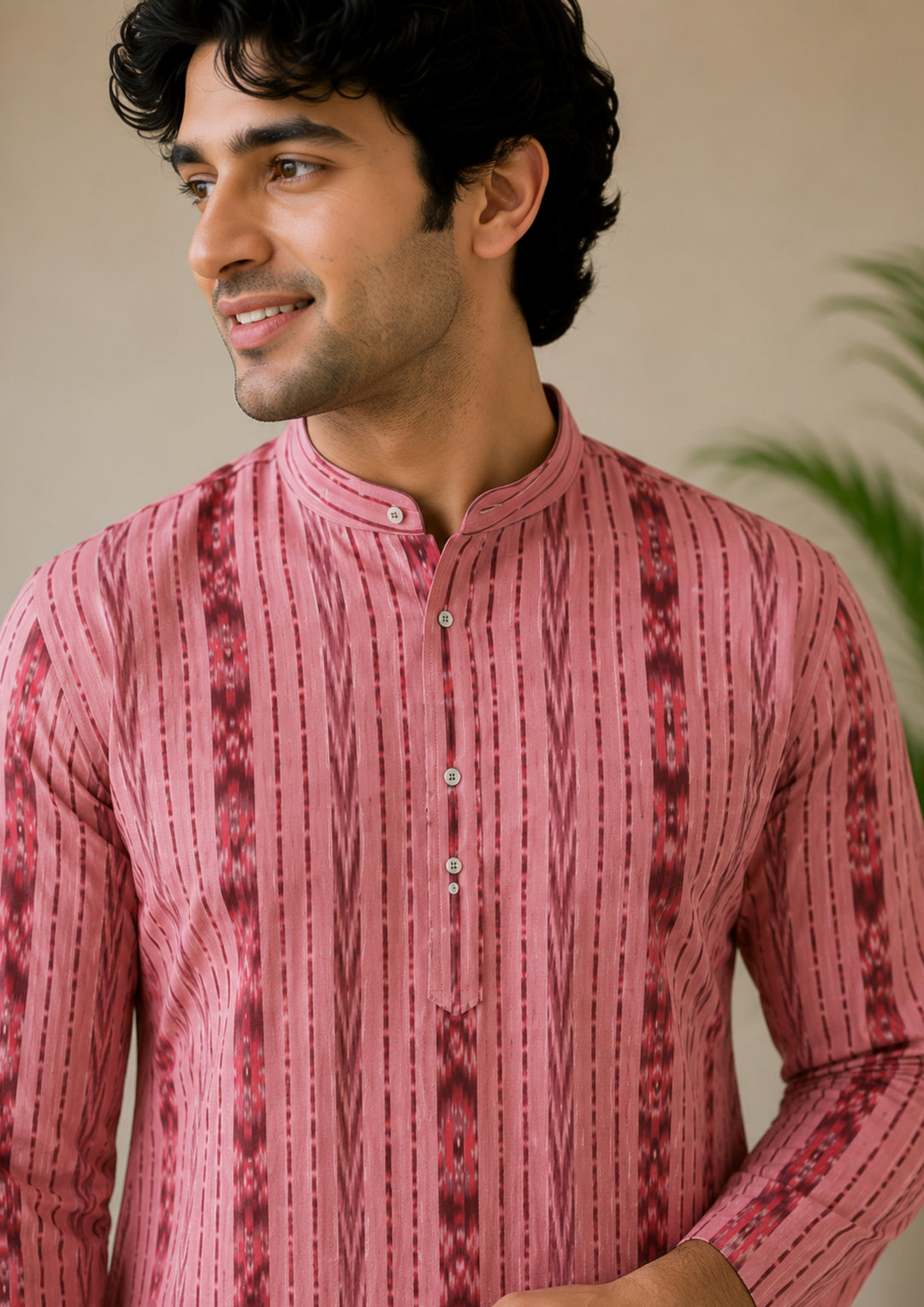 Sambalpuri Men's Long Kurta - Pink with Maroon Ikat Vertical Stripe Motif