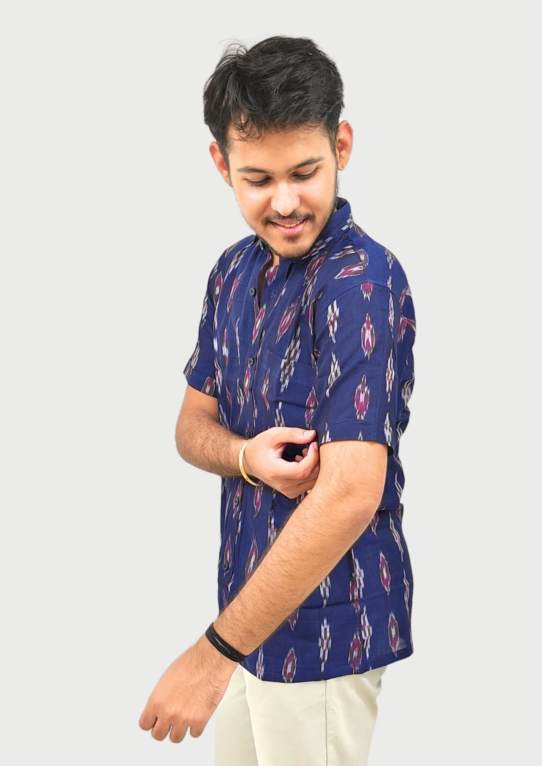 Sambalpuri Men’s Shirt – Ikat Diamond Motif, Navy Blue Base with Pink & White Highlights