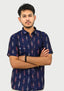 Sambalpuri Men’s Shirt – Ikat Diamond Motif, Navy Blue Base with Pink & White Highlights