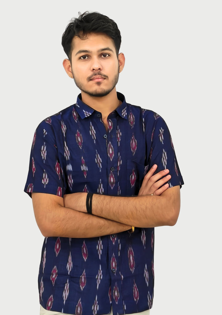 Sambalpuri Men’s Shirt – Ikat Diamond Motif, Navy Blue Base with Pink & White Highlights