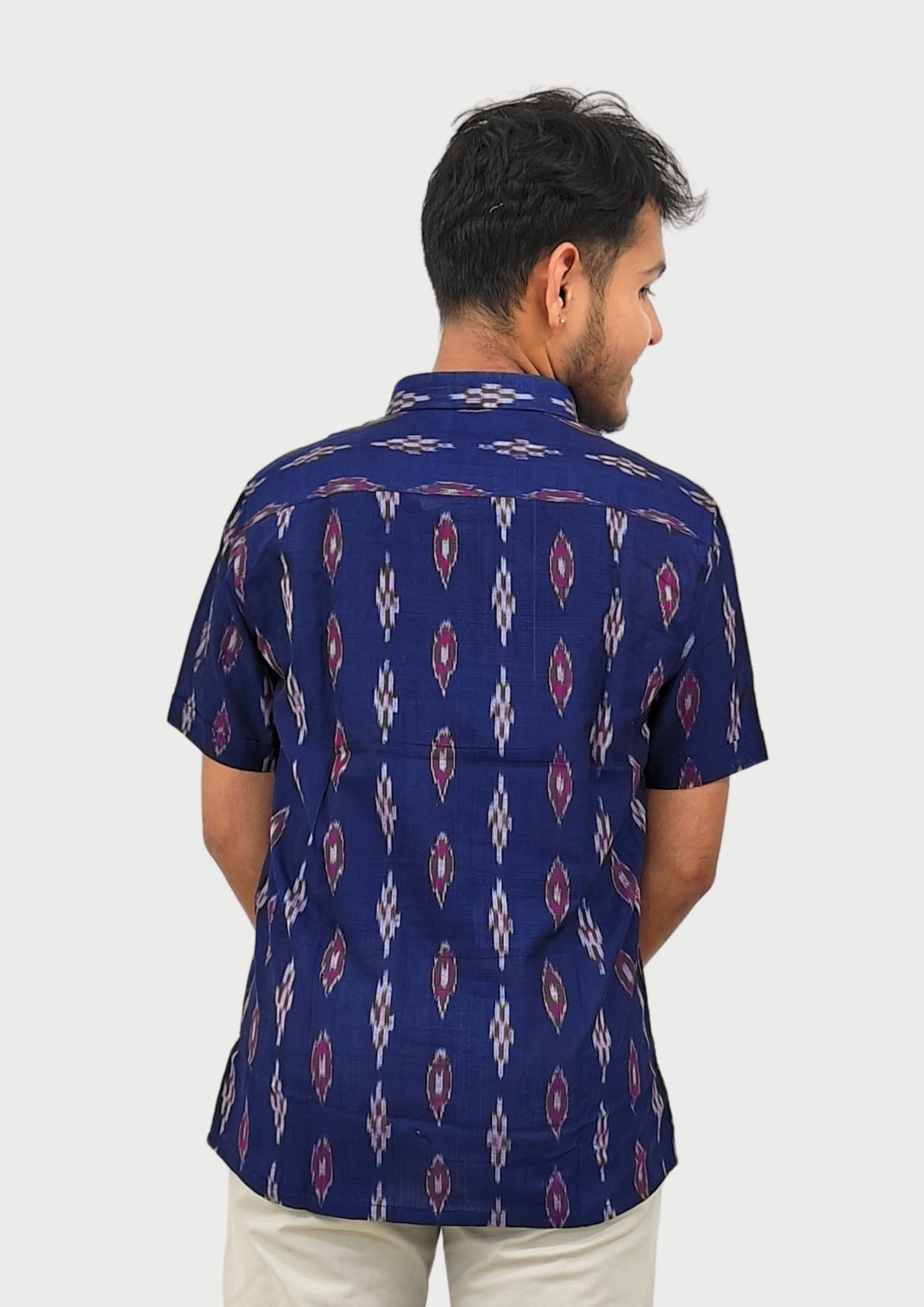Sambalpuri Men’s Shirt – Ikat Diamond Motif, Navy Blue Base with Pink & White Highlights
