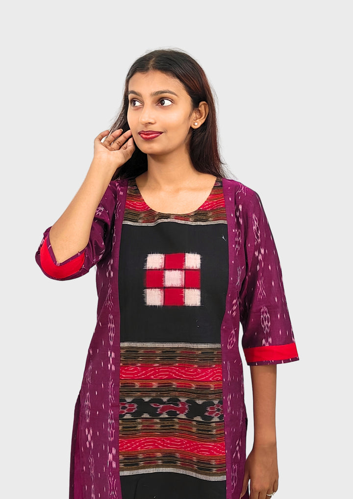 Sambalpuri Women's Kurti – Maroon with Black, Red, and White Pasapali Ikat Motif