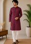 Men’s Long Kurta – Ikat Diamond Motif, Maroon Base with White & Pink