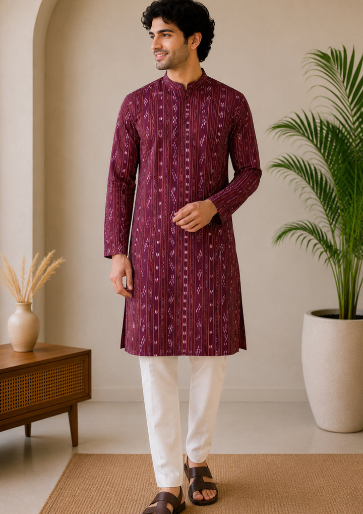 Men’s Long Kurta – Ikat Diamond Motif, Maroon Base with White & Pink