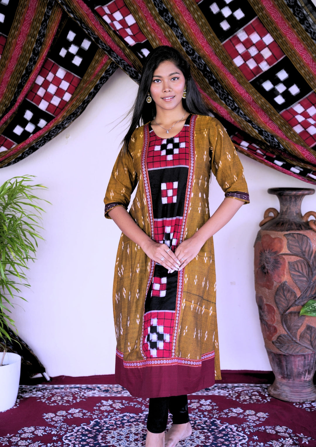 Sambalpuri Women’s Kurti – Mustard Yellow with Maroon Border and Black-Red Ikat Panel Detailing in Traditional Pattern