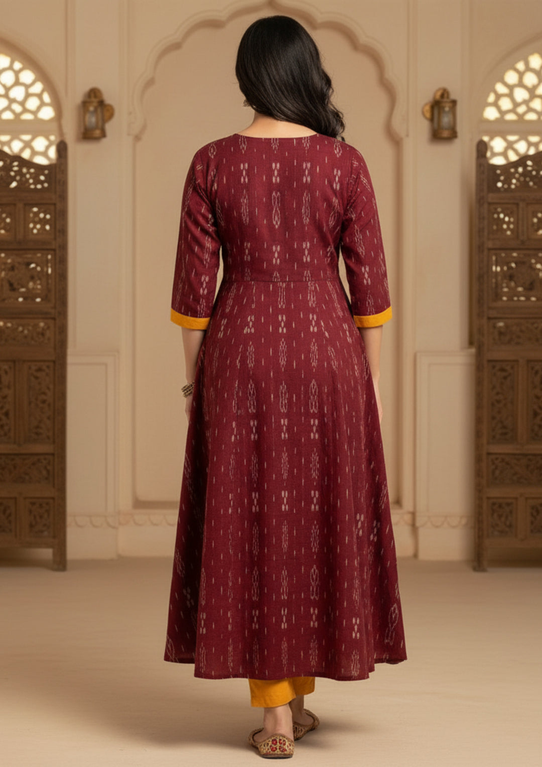 Sambalpuri Utkal Laxmi Heritage Gown – Yellow Red Flower with Maroon & Mustard Edition