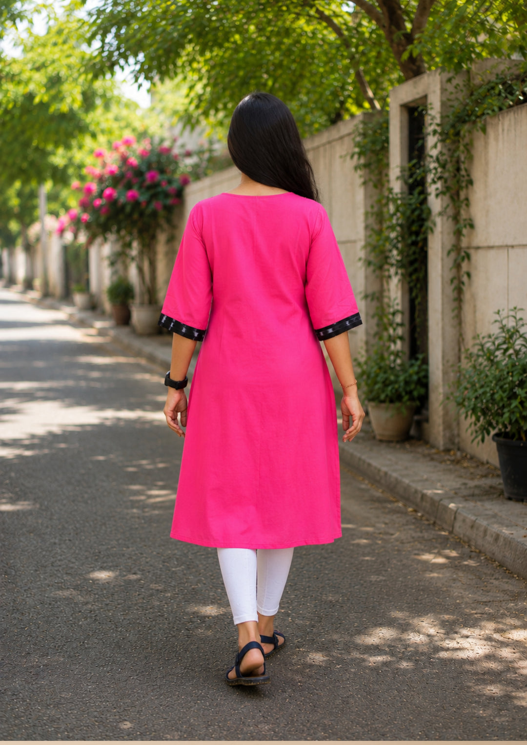 Sambalpuri Women's Kurti - Pink Cotton Ikat Panel Kurta with Black Side Panels