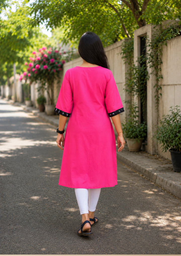 Sambalpuri Women's Kurti - Pink Cotton Ikat Panel Kurta with Black Side Panels