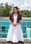 Women’s Pure Handloom Sambalpuri Cotton Jacket with Designer White Butty Flared Frock