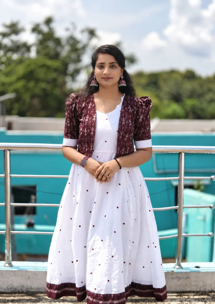 Women’s Pure Handloom Sambalpuri Cotton Jacket with Designer White Butty Flared Frock