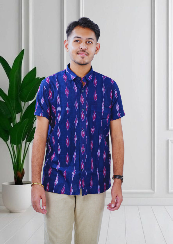 Sambalpuri Men’s Shirt – Ikat Diamond Motif, Navy Blue Base with Pink & White Highlights