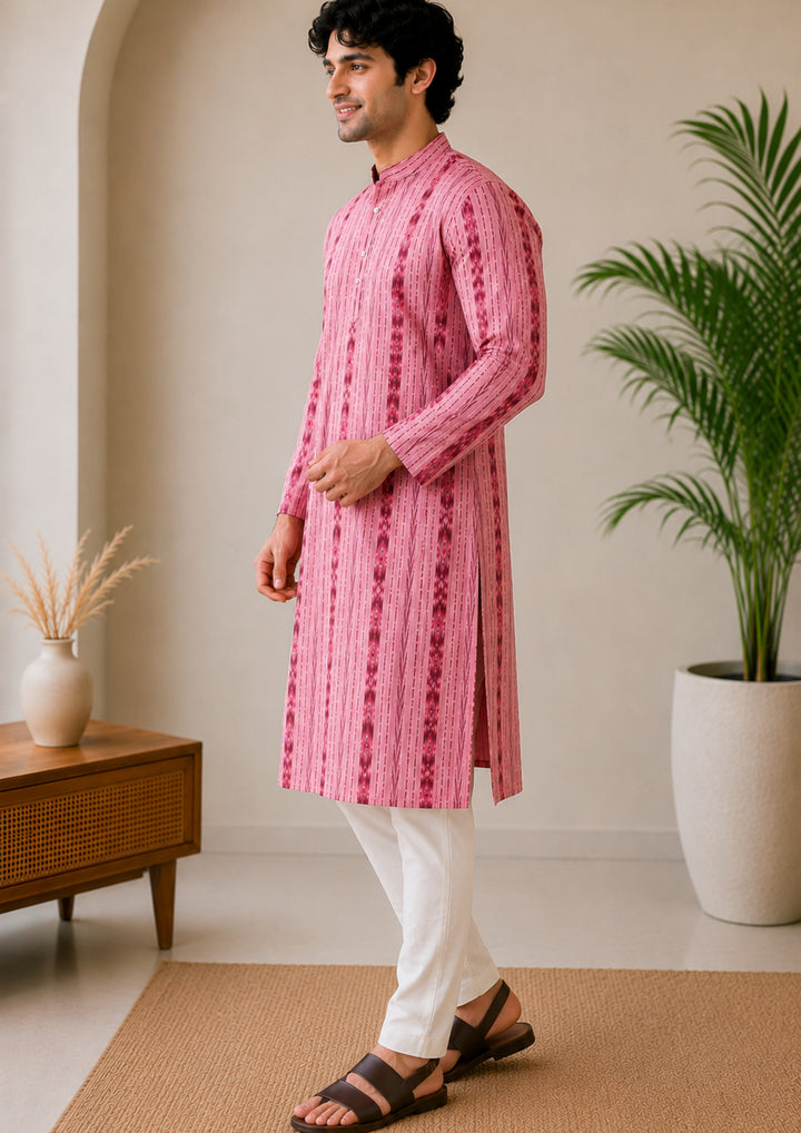 Sambalpuri Men's Long Kurta - Pink with Maroon Ikat Vertical Stripe Motif