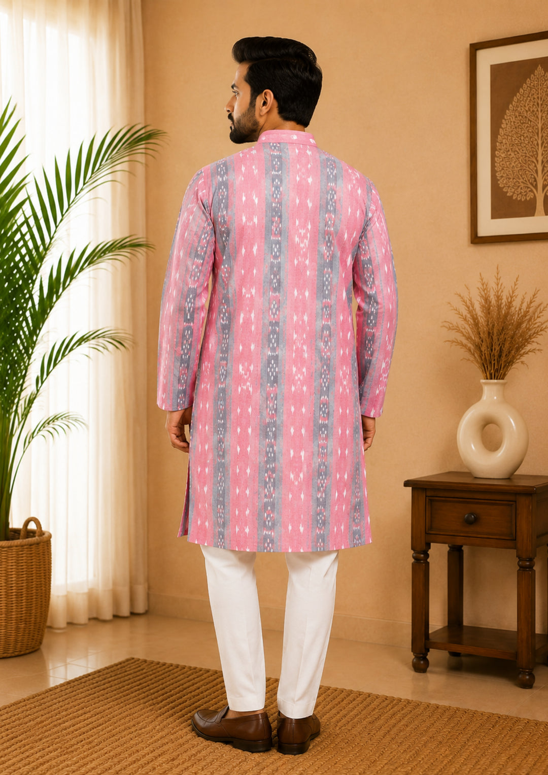 Sambalpuri Men's Long Kurta - Rose Quartz Kurta