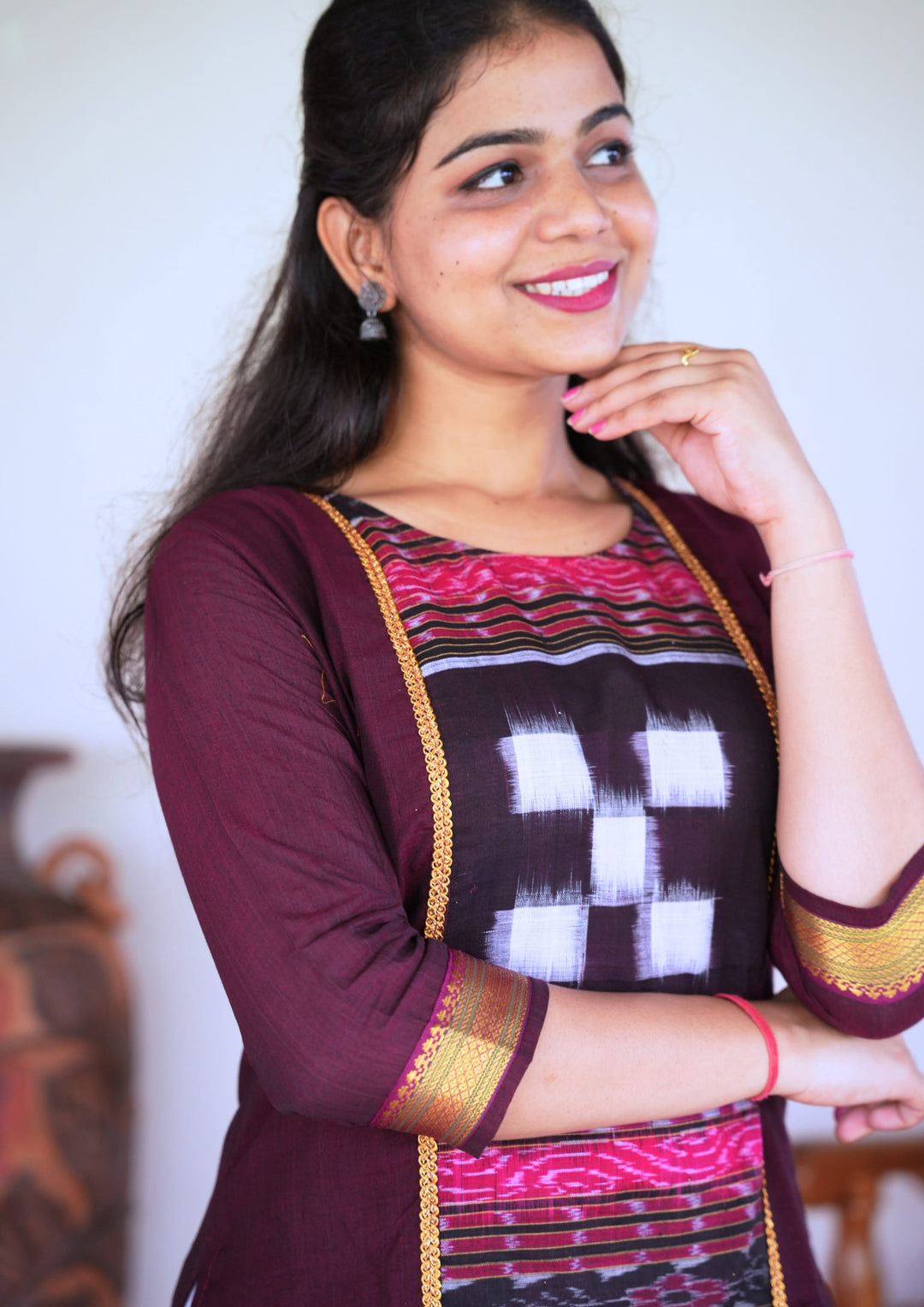 Sambalpuri Women's Kurti - Lace work Cotton Kurta in Dark Coffee