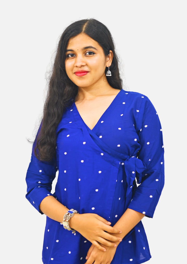 Wovio Modern Ikat Wrap Top - Navy Blue Base with White Dot Motifs & Side-Tie Design