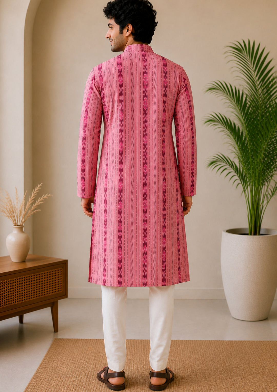 Sambalpuri Men's Long Kurta - Pink with Maroon Ikat Vertical Stripe Motif