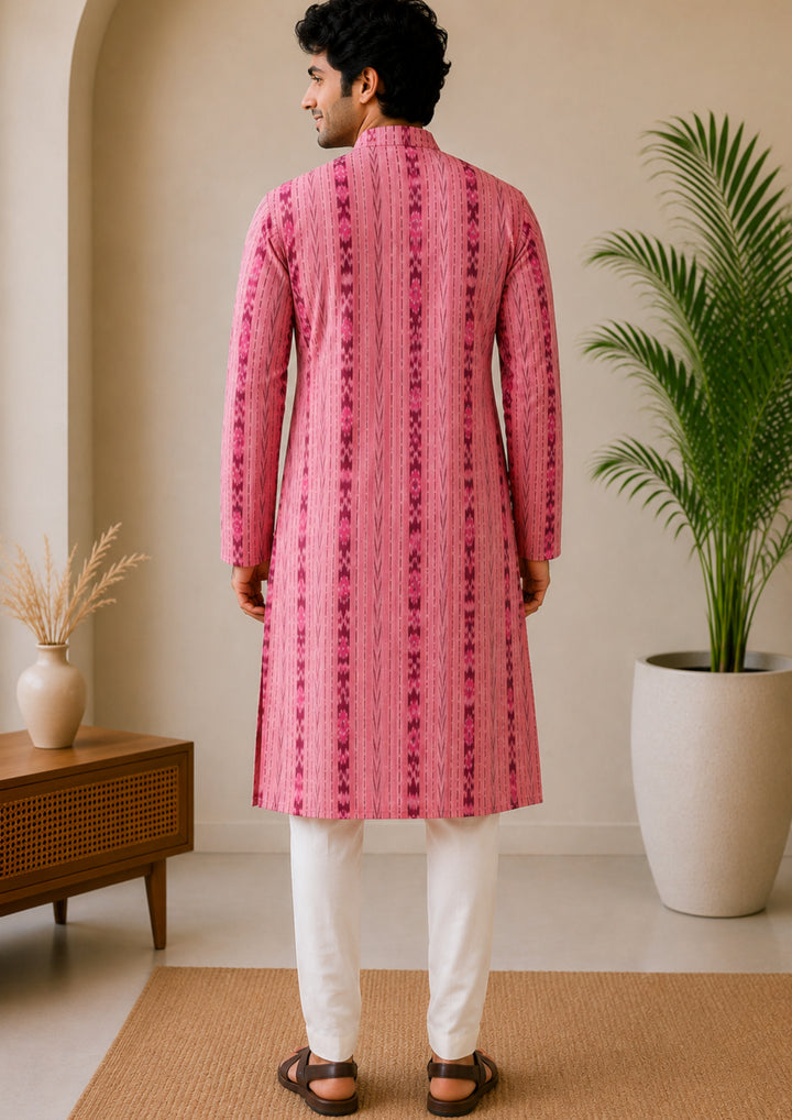 Sambalpuri Men's Long Kurta - Pink with Maroon Ikat Vertical Stripe Motif