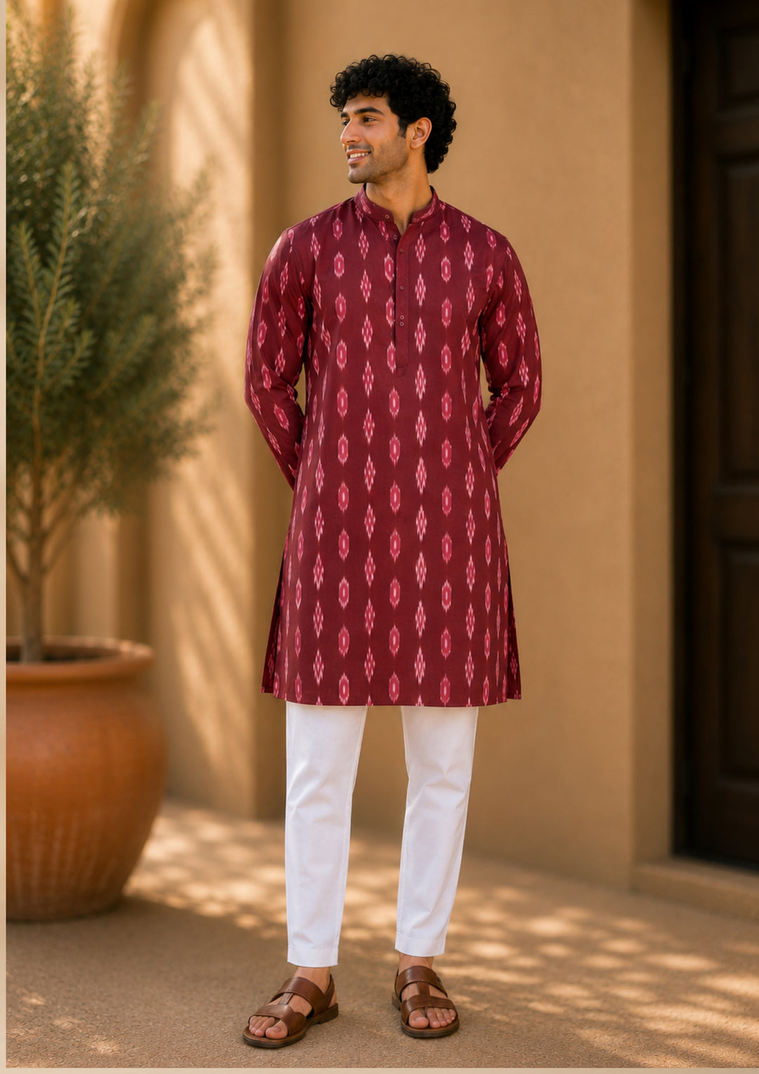 Sambalpuri Men's Long Kurta - Ikat Diamond Motif, Maroon Base with Pink & White Highlights