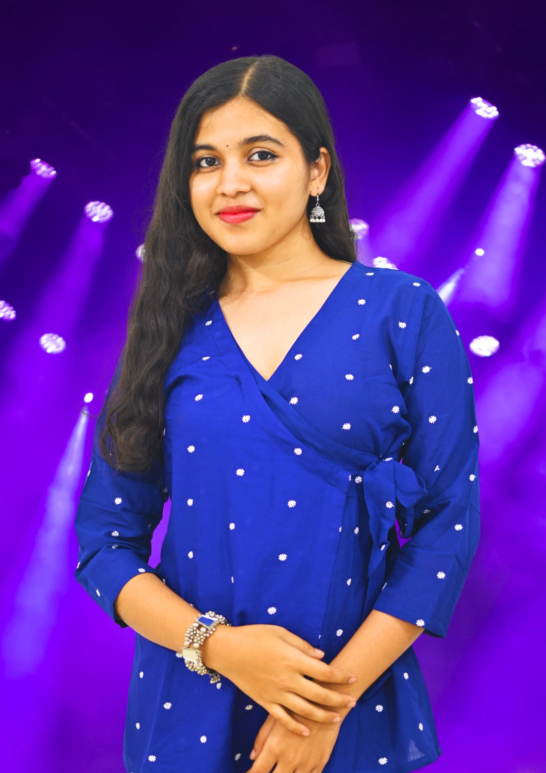 Wovio Modern Ikat Wrap Top - Navy Blue Base with White Dot Motifs & Side-Tie Design