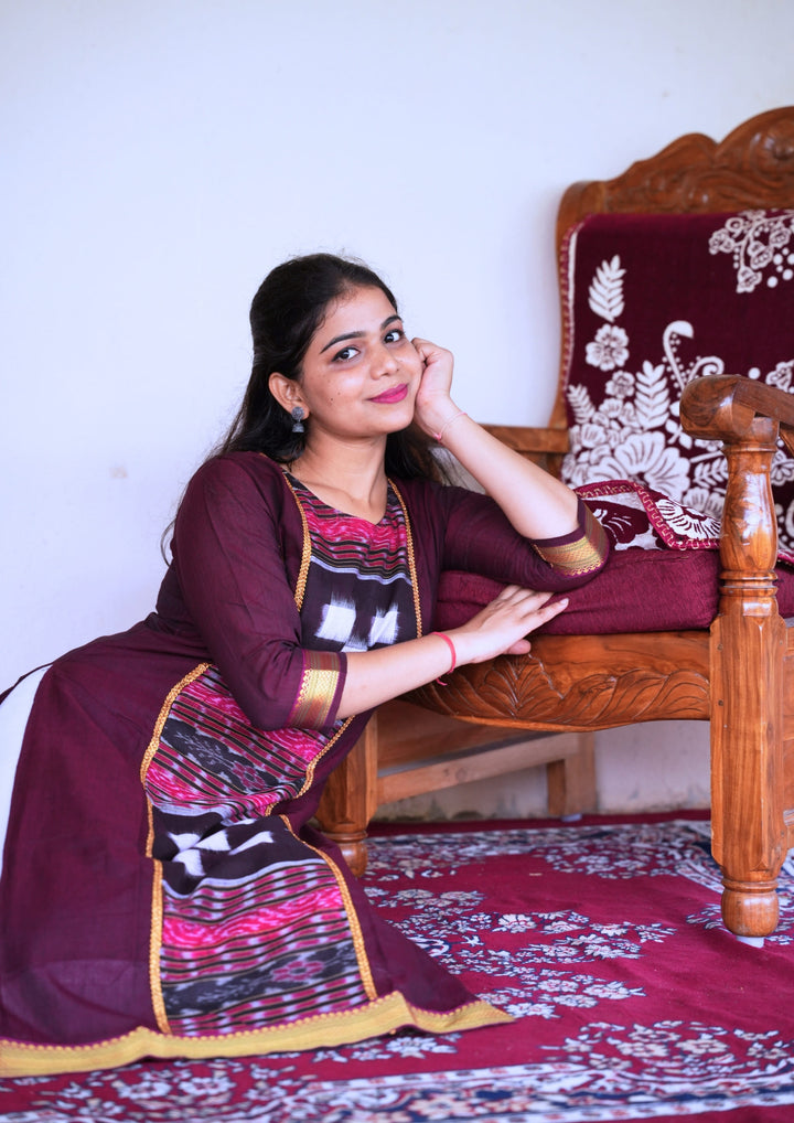 Sambalpuri Women's Kurti - Lace work Cotton Kurta in Dark Coffee